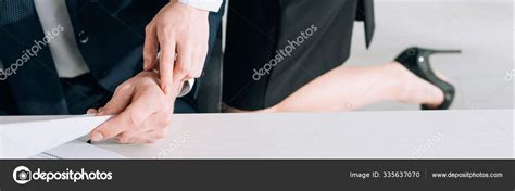 Panoramic Shot Secretary Touching Hand Businessman Office — Stock Photo ...