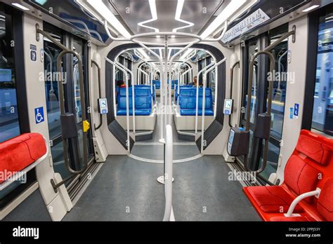 Interior of a modern Alstom Citadis X05 light rail tram on line T9 ...