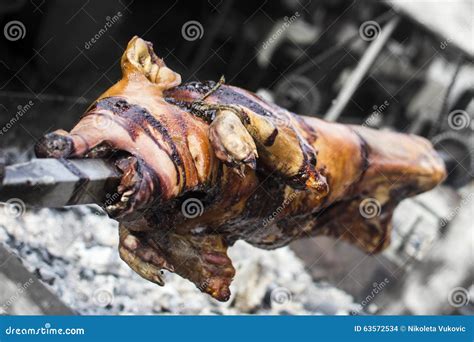 Pig roasting on spit stock photo. Image of roasting, meat - 63572534