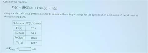 Solved Consider the reaction: Fe(s)+2HCl(aq)→FeCl2(s)+H2(g) | Chegg.com