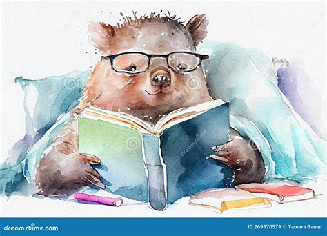 Watercolor Illustration of Cute Sleepy Wombat Wearing Glasses, Reading ...