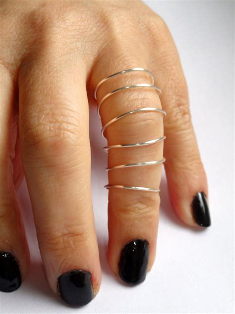 Silver wire full finger ring Long silver spiral wire ring