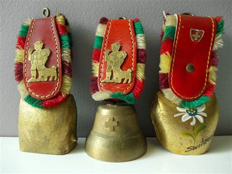 Vintage Swiss Cow Bells : Brass Bells from Switzerland Red