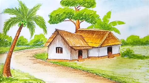 Farjana Drawing Oil Pastel Village Nature Scenery Drawing ...