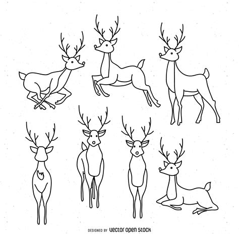 Set of Christmas reindeer outline illustrations in different positions ...