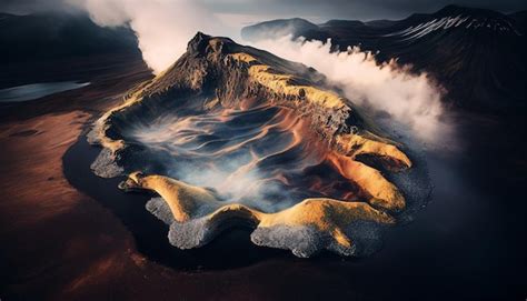 Premium Photo | A volcano with a yellow layer of smoke on the top.