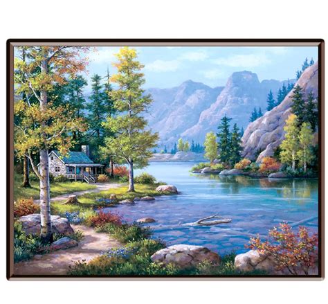 Framed Mountain Lake Scenery Oil Painting By Numbers Wall Art Canvas ...