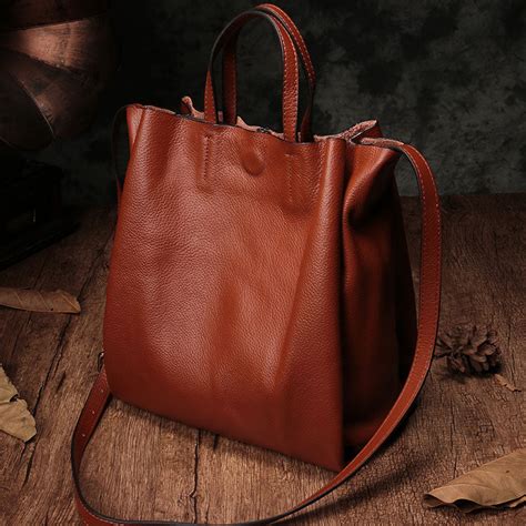 Dark Brown Leather Handbag Tote Shopper Bag Shoulder Tote Purse For Wo