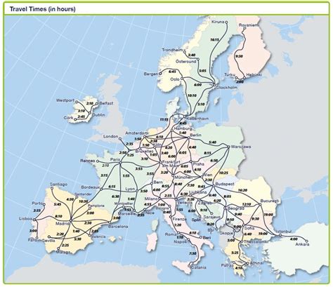 Eurail map of train times between major cities | Eurail map, Europe ...