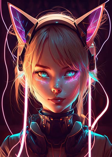 'Neon Anime Cat Girl ' Poster, picture, metal print, paint by hassen ...