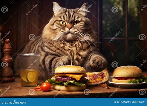 A Fat Tabby Cat Seating Behind the Table, Eating Burgers and Drinking ...