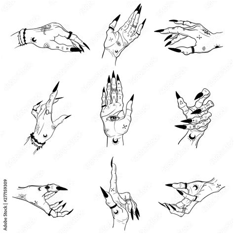 Witch hands with black nails, rings, Magic. Boho style. Stock Vector ...