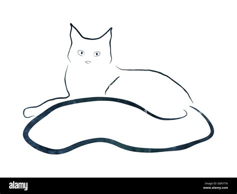 laying cat illustration with paper texture, line drawing Stock Photo ...