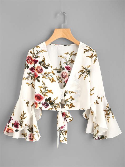 ROMWE - ROMWE Plunging V-neckline Floral Print Random Knot Top ...