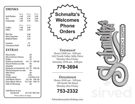 Schmaltz's Sandwich Shoppe menu in Waco, Texas, USA