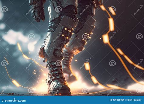 Cyborg Legs with Glowing Lights on Dark Background Stock Illustration ...