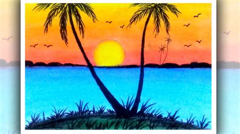 How to draw sea beach scenery | Sunset scenery drawing - YouTube