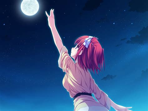 Red haired female anime reaching moon poster HD wallpaper | Wallpaper Flare