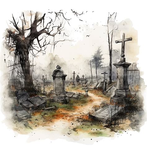 10 Abandoned Cemetery Clipart, Printable Watercolor Clipart, High ...