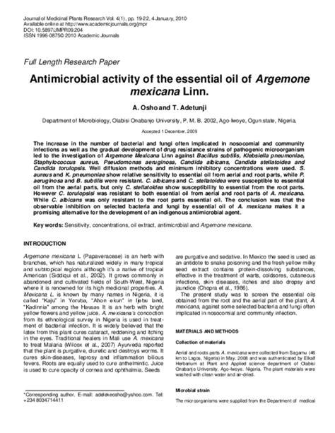 (PDF) Antimicrobial activity of the essential oil of Argemone mexicana Linn