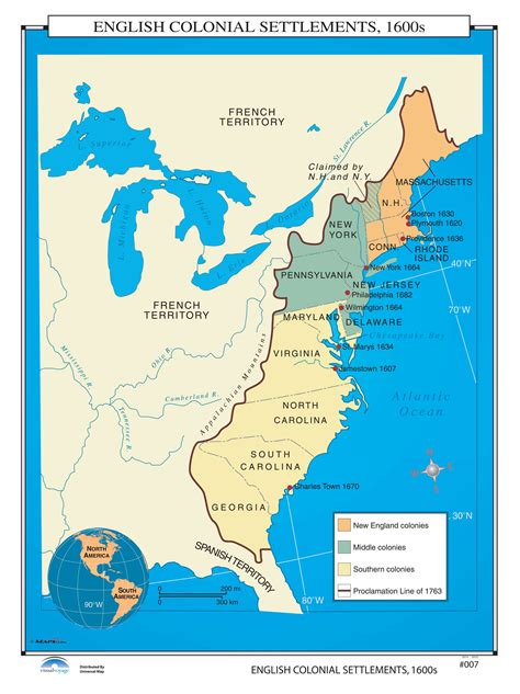 #007 English Colonial Settlements, 1600s - The Map Shop