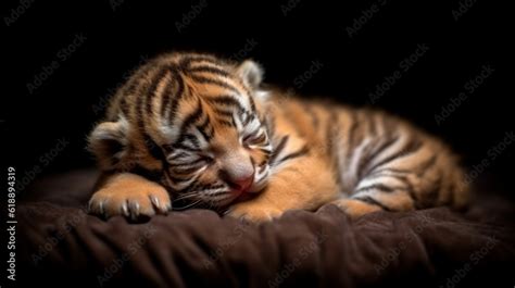 Sleeping newborn little tiger cub. Photographing a baby tiger on a fur ...