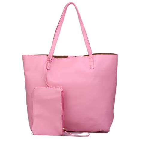 L1502 - Miss Lulu Leather Look Large Vintage Tote Bag Pink