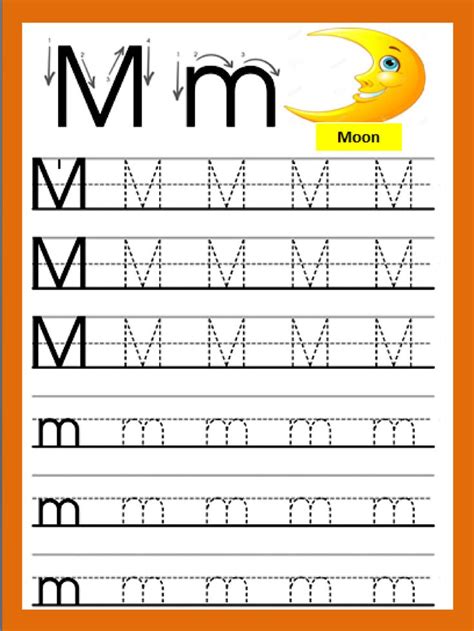 the letter m is for moon worksheet with an orange border and black letters