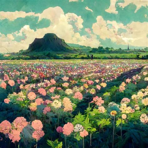 Premium Photo | Anime styled flower field