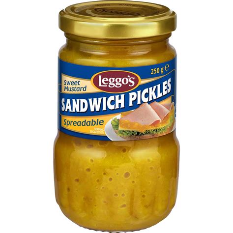 Calories in Leggos Sweet Spreadable Mustard Sandwich Pickles calcount