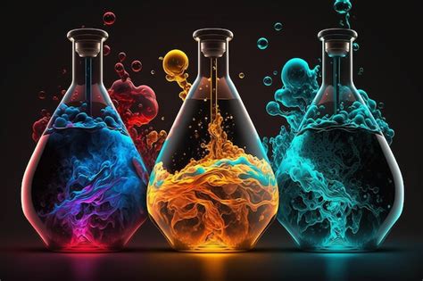 Premium Photo | Chemical flasks with colored liquids on a black background