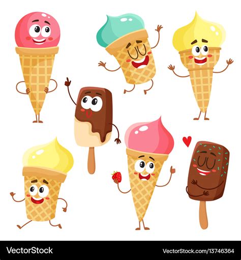 Funny ice cream characters cones popsicles Vector Image