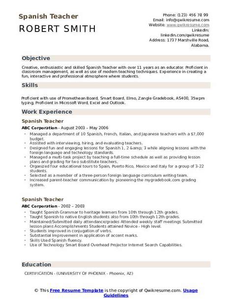 Spanish Teacher Resume Samples | QwikResume