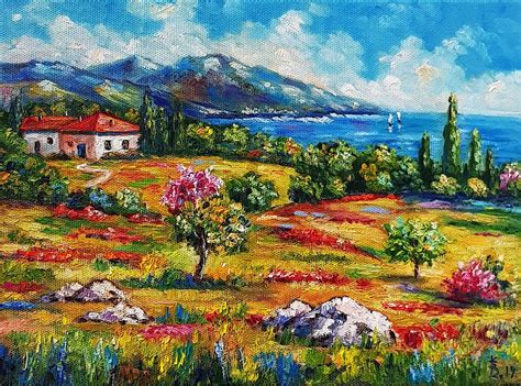 Tuscany seascape painting Italy landscape art Colorful field painting ...