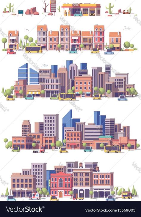 Low poly 2d city scenes vector image on VectorStock