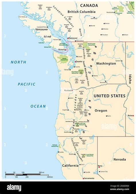 Map of the Cascade Range, volcanic mountain range that runs parallel to ...