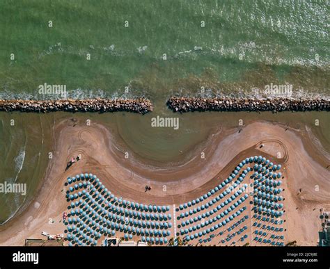 Italy, June 2022; aerial view of Fano with its sea, beaches, port ...