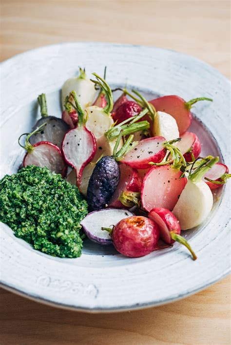 roasted radishes and salad turnips with pesto | brooklyn supper