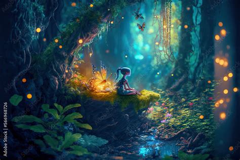 Little fairy in an enchanted magical forest. Post-processed digital AI ...