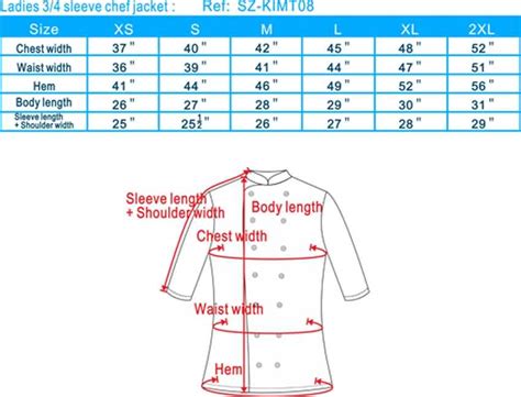 chef coat size chart, chef coat size conversion, chef coat size spec ...