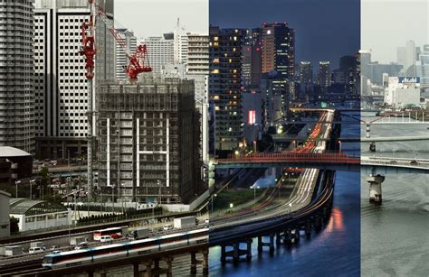 The Shuto Expressway runs along a canal during day and night in ...