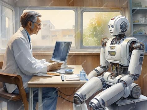 Premium AI Image | AI robot doctor talking with a human sick patient