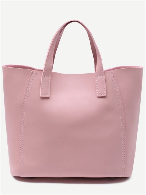 Pink Faux Leather Tote Bag With Crossbody Bag -SheIn(Sheinside)