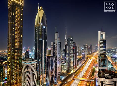 Sheikh Zayed Road Towers at Night - Dubai Skyline Photo - PROKOS