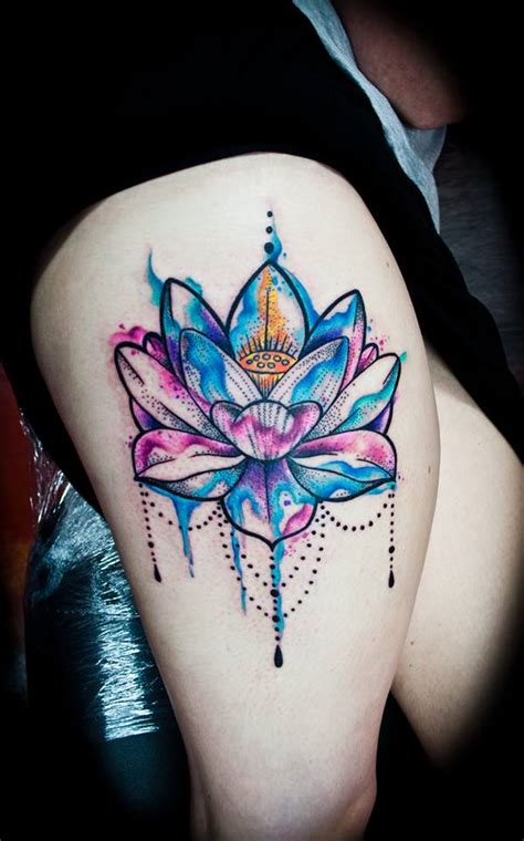 Watercolor Lotus Flower On Girls Thigh