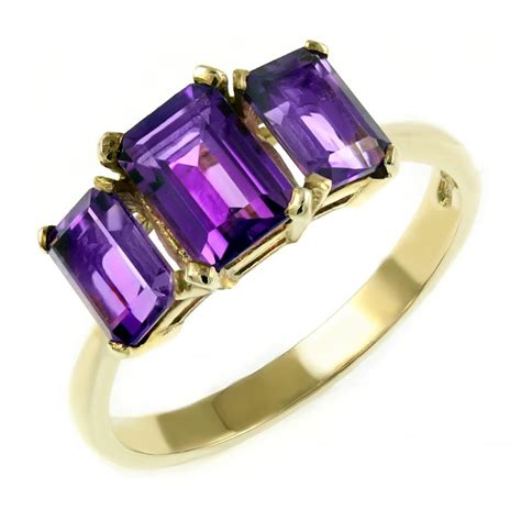 9ct yellow gold graduated emerald cut amethyst 3 stone ring ...