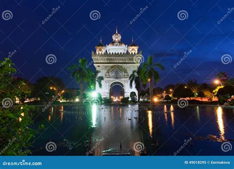 Patuxai Monument at Night, Vientiane, Laos. Stock Image - Image of dusk ...