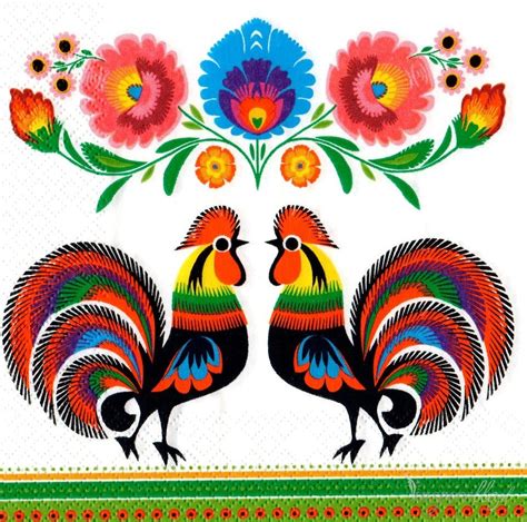 Polish Folk Art Lowicz 2 Roosters Napkins, Set of 20 | Taste of Poland