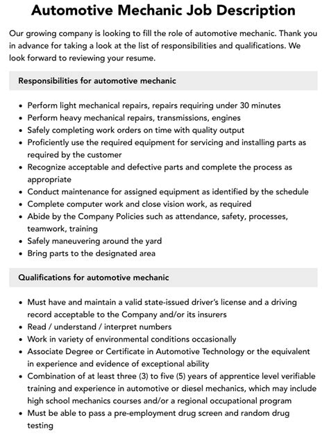 Automotive Mechanic Job Description | Velvet Jobs