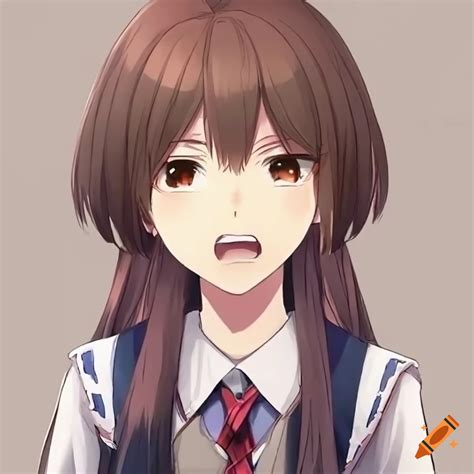 Anime school girl with long brown hair and angry expression